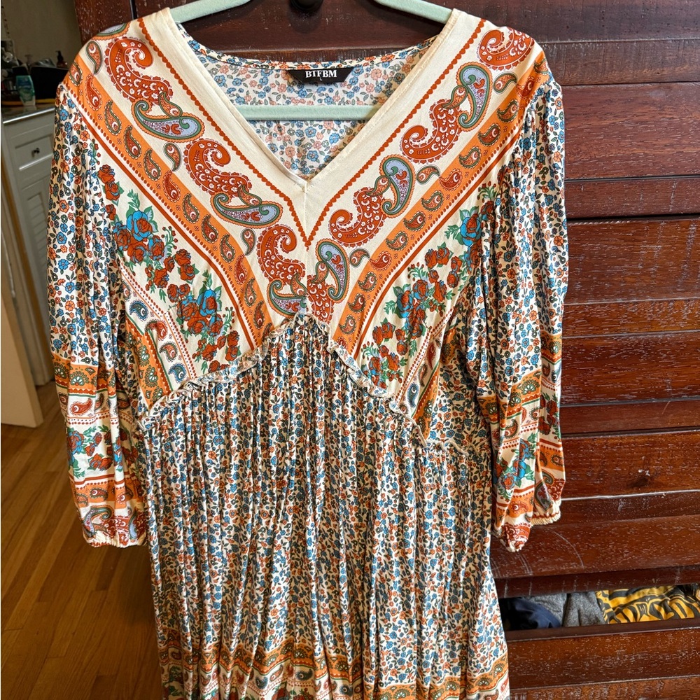 Bohemian Long Sleeve Maxi Dress in Rust Floral